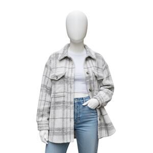 Banana Republic XXS Wool Blend Plaid Oversized Shacket Shirt Jacket Gray White